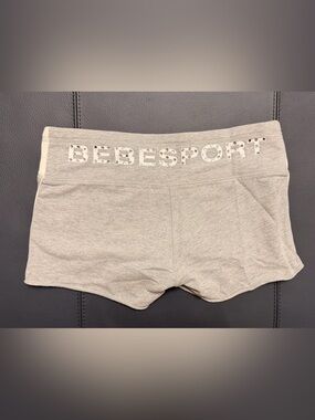 bebe Sport Y2K Grey Athletic Shorts with Rhinestone Logo